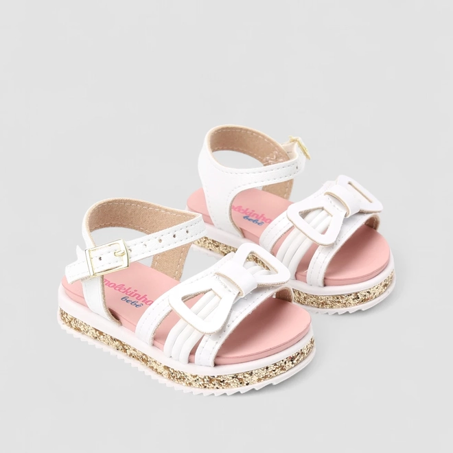 Sandália Infantil Molekinha Verniz Strass Branco Rosa