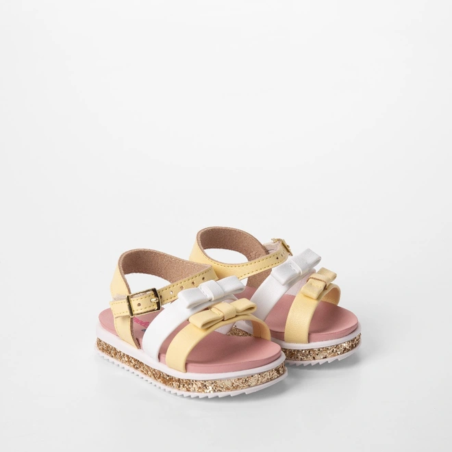 Sandália Bebê Molekinha Tiras Laço Detalhe Paetê Amarelo & Branco