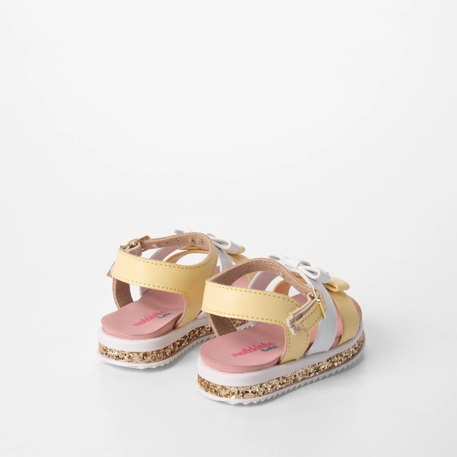 Sandália Bebê Molekinha Tiras Laço Detalhe Paetê Amarelo & Branco