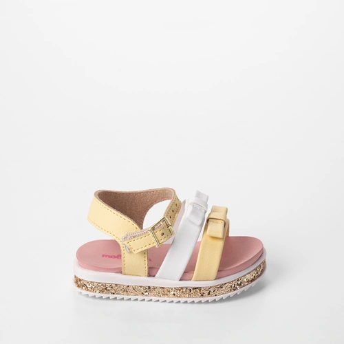 Sandália Bebê Molekinha Tiras Laço Detalhe Paetê Amarelo & Branco