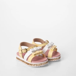 Sandália Bebê Molekinha Tiras Laço Detalhe Paetê Amarelo & Branco