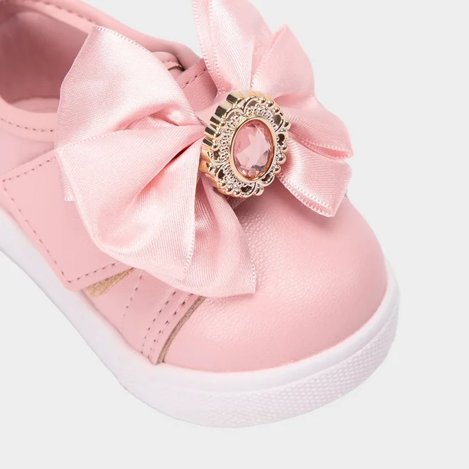 Tênis Casual Molekinha Bebê Tira Contato Detalhe Laço & Pedraria Rosa