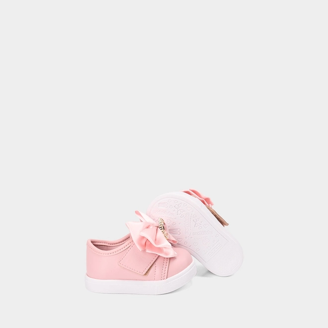 Tênis Casual Molekinha Bebê Tira Contato Detalhe Laço & Pedraria Rosa