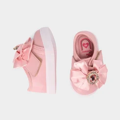 Tênis Casual Molekinha Bebê Tira Contato Detalhe Laço & Pedraria Rosa
