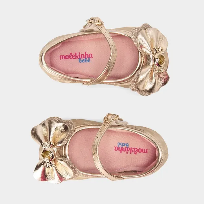 Sapatilha Molekinha Bebê Detalhe Laço Glitter Metalizado Ouro