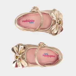Sapatilha Molekinha Bebê Detalhe Laço Glitter Metalizado Ouro