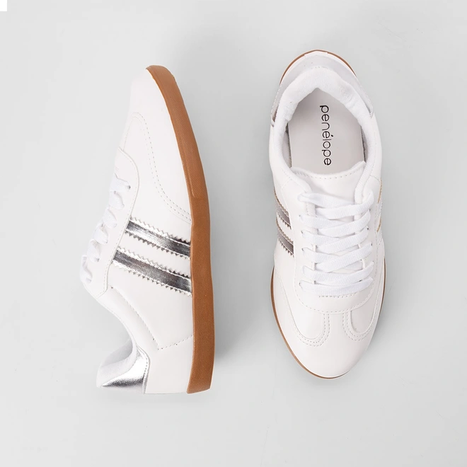 Tênis Casual Feminino Penélope Detalhe Recorte Metalizado Branco