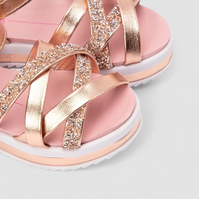 Sandália Infantil Molekinha Tiras Cruzadas Glitter Ouro Rosé