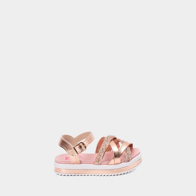 Sandália Infantil Molekinha Multitiras Cruzadas Detalhe Pedraria Metalizado Rose Gold