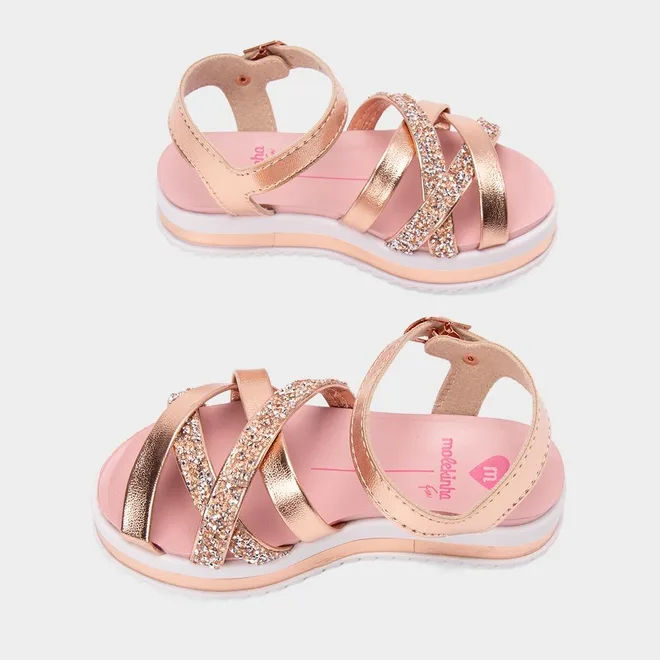 Sandália Infantil Molekinha Multitiras Cruzadas Detalhe Pedraria Metalizado Rose Gold