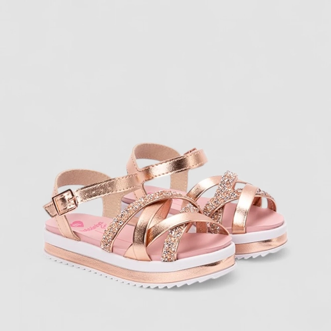 Sandália Infantil Molekinha Tiras Cruzadas Glitter Ouro Rosé