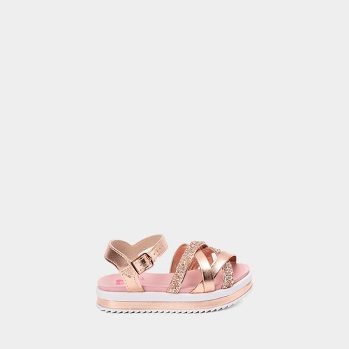 Sandália Infantil Molekinha Multitiras Cruzadas Detalhe Pedraria Metalizado Rose Gold