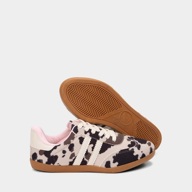 Tênis Casual Feminino Penélope Detalhe Recorte Animal Print Vaca Bege