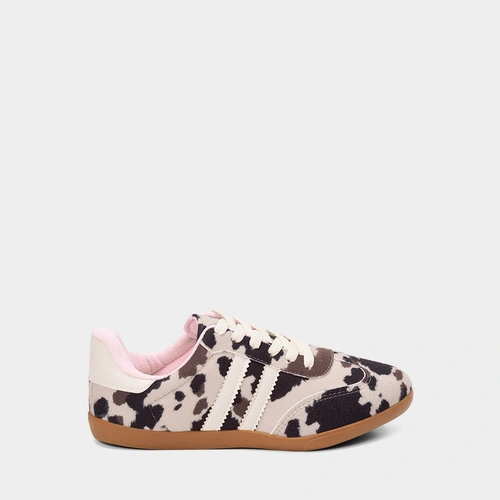 Tênis Casual Feminino Penélope Detalhe Recorte Animal Print Vaca Bege