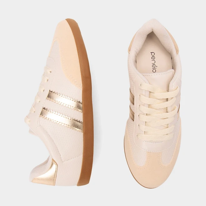 Tênis Casual Feminino Penélope Detalhe Recorte Metalizado Off White