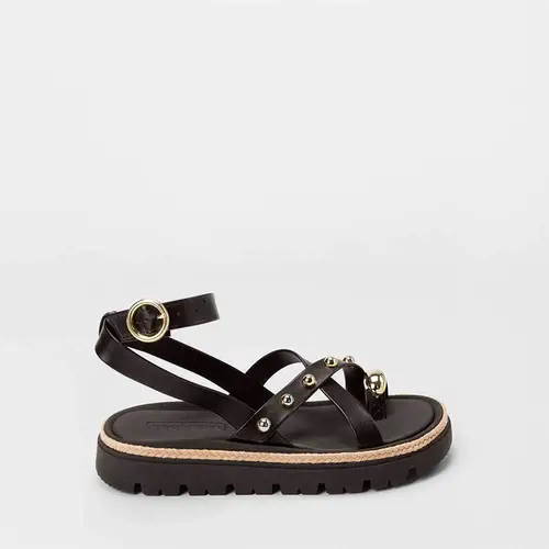 Sandália Feminina Moleca Flatform Detalhe Tachas & Bold Preto