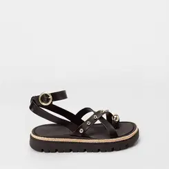 Sandália Feminina Moleca Flatform Detalhe Tachas & Bold Preto