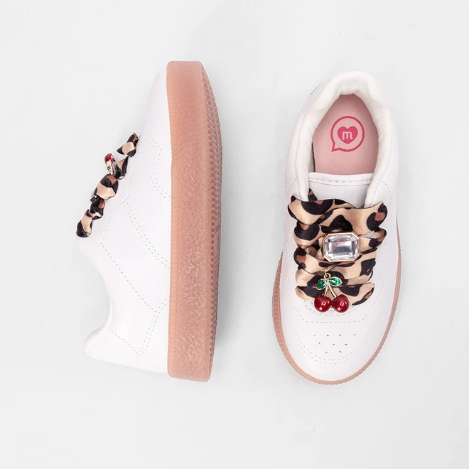 Tênis Casual Infantil Molekinha Pingente Cereja & Onça Branco