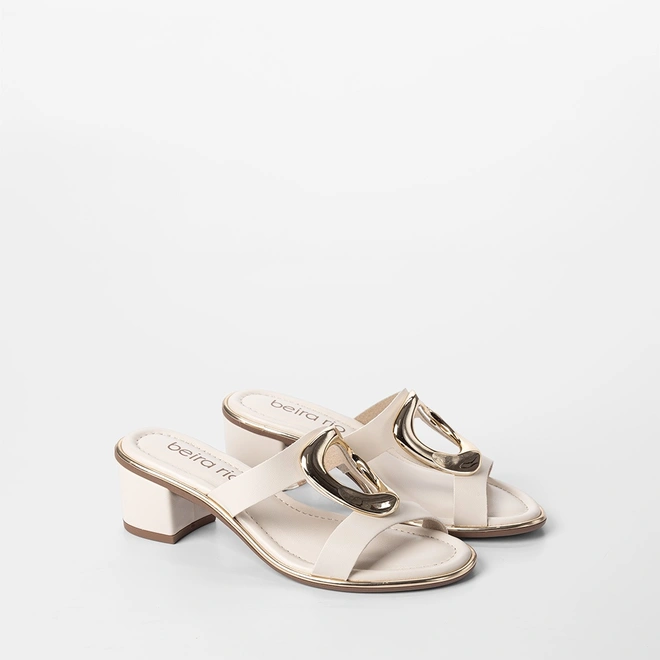 Tamanco Feminino Beira Rio Salto Bloco Médio Detalhe Metalizado Off White