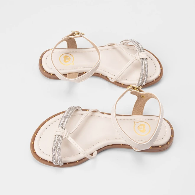 Sandália Rasteira Infantil Molekinha Tiras Strass & Nó Off White