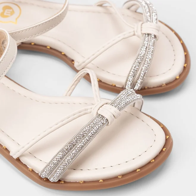 Sandália Rasteira Infantil Molekinha Tiras Strass & Nó Off White