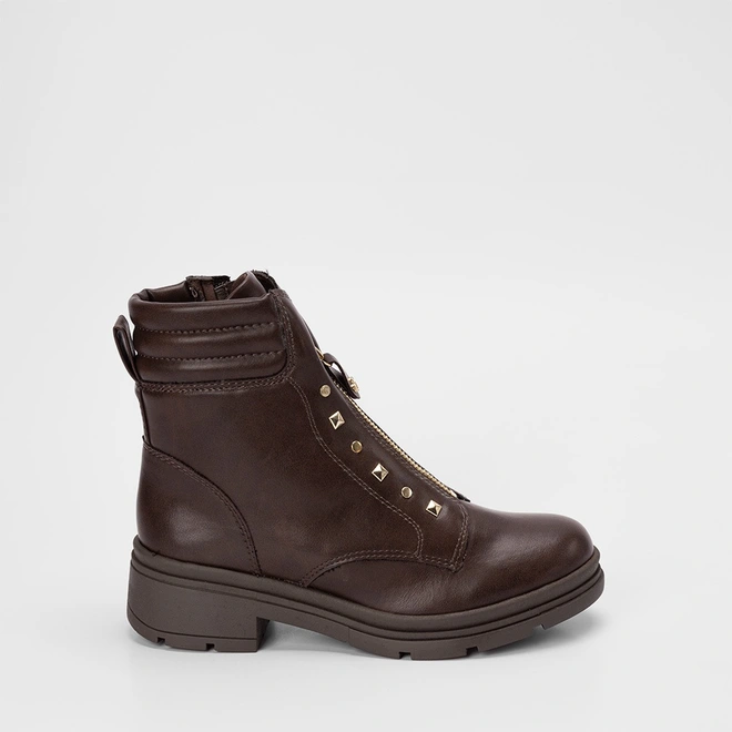 Bota Feminina Mississipi Cano Curto Detalhe Tachas Zíper Marrom
