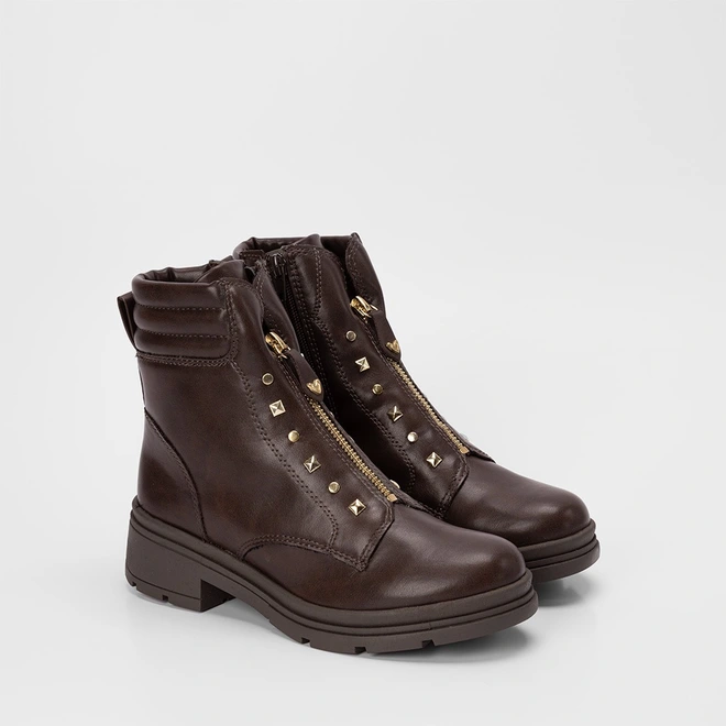 Bota Feminina Mississipi Cano Curto Detalhe Tachas Zíper Marrom