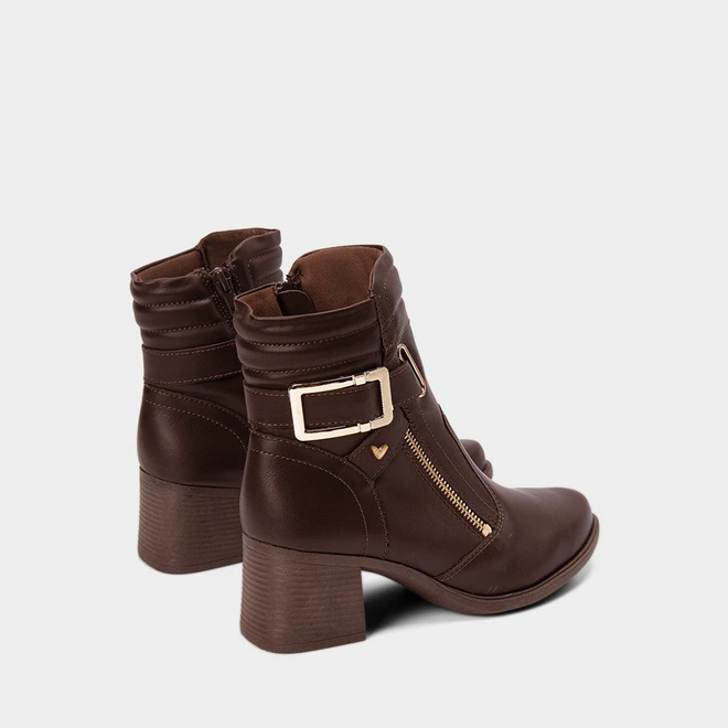 Bota Feminina Mississipi Cano Curto Enfeite Fivela & Zíper Marrom