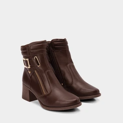 Bota Feminina Mississipi Cano Curto Enfeite Fivela & Zíper Marrom