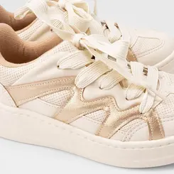 Tênis Casual Feminino Modare Ultraconforto Detalhe Recortes Metalizados Marfim & Bronze