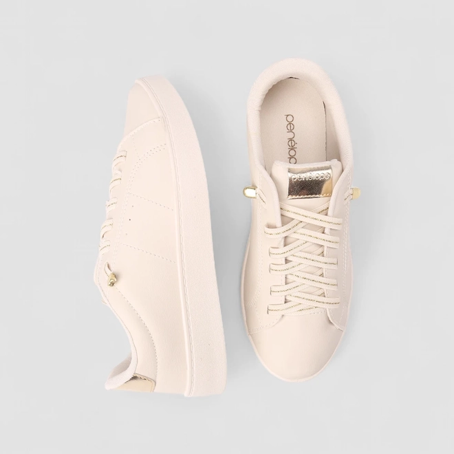 Tênis Casual Feminino Penélope Elástico Recorte Metalizado Off White