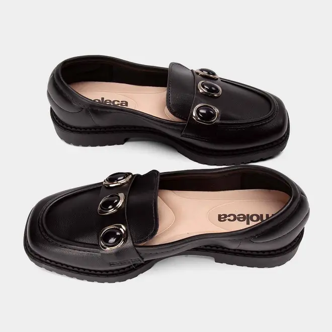 Mocassim Loafer Feminino Moleca Detalhe Pedraria Preto