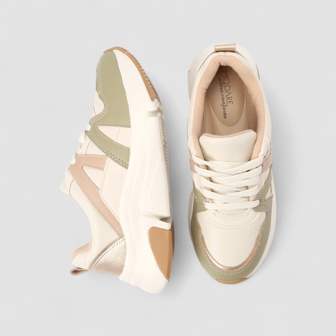Tênis Casual Feminino Modare Ultraconforto Recorte Metalizado Off White