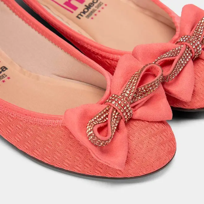 Sapatilha Feminina Moleca Detalhe Laço & Strass Knit Coral