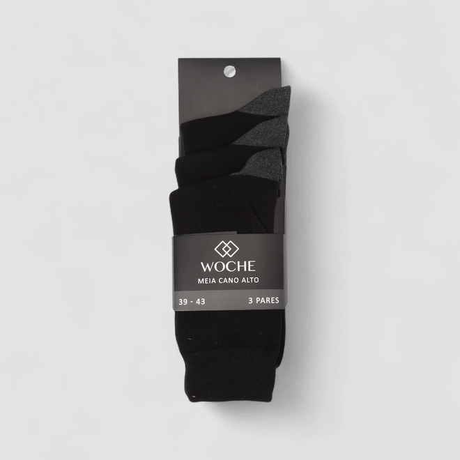 Kit Meia Masculina Woche Cano Alto 3 Pares 39-43 Preto
