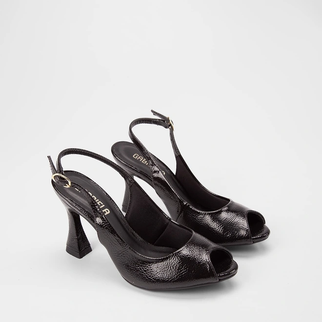 Peep Toe Slingback Feminina Gabriela Salto Alto Verniz Preto