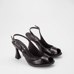 Peep Toe Slingback Feminina Gabriela Salto Alto Verniz Preto