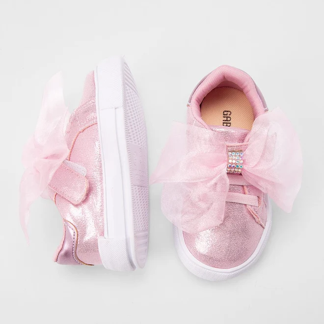 Tênis Casual Bebê Gabrielinha Tira Contato Enfeite Laço Glitter & Holográfico Rosa