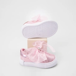 Tênis Casual Bebê Gabrielinha Tira Contato Enfeite Laço Glitter & Holográfico Rosa