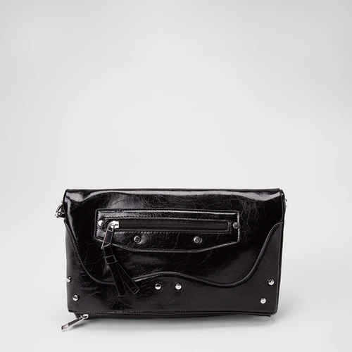 Bolsa Clutch Gabriela Pequena Transversal Alça Metalizada Rebite Preto