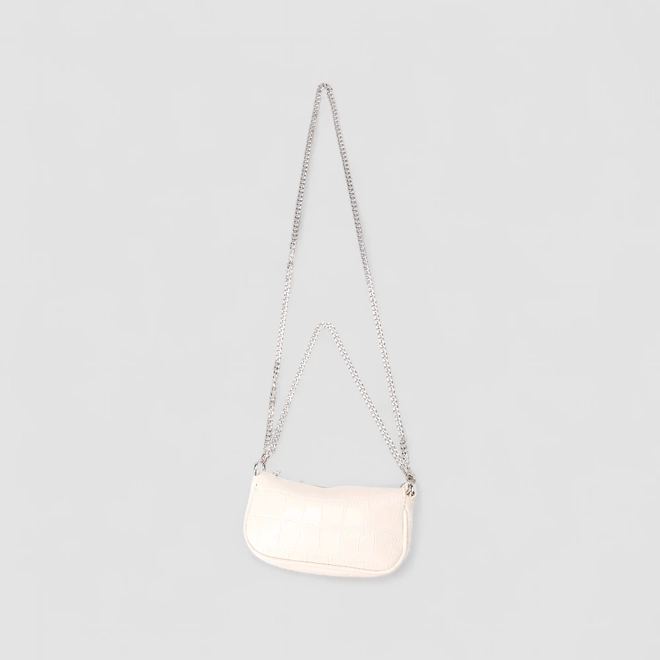 Bolsa Baguete Gabriela Pequena Alça Corrente Textura Croco Off White