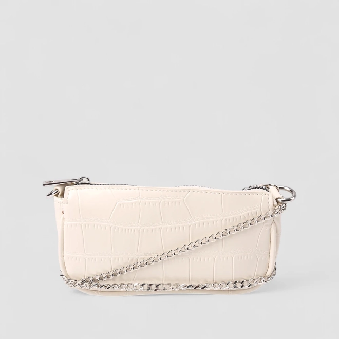 Bolsa Baguete Gabriela Pequena Alça Corrente Textura Croco Off White