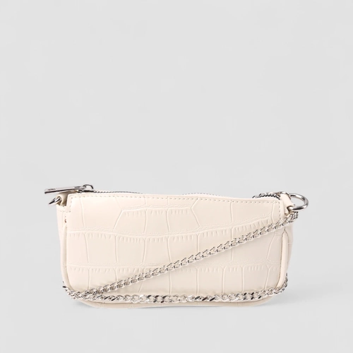 Bolsa Baguete Gabriela Pequena Alça Corrente Textura Croco Off White