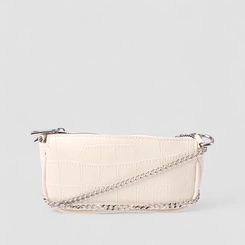 Bolsa Baguete Gabriela Pequena Alça Corrente Textura Croco Off White