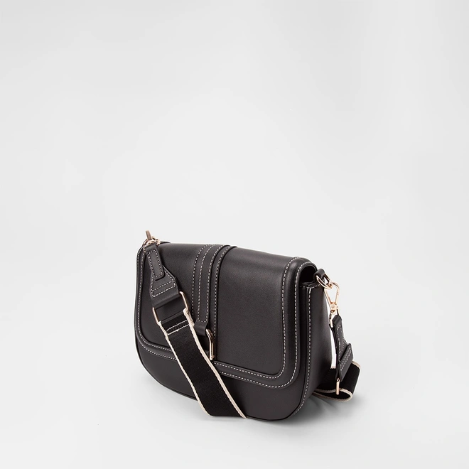 Bolsa Transversal Gabriela Média Enfeite Fivela Pespontos Preto