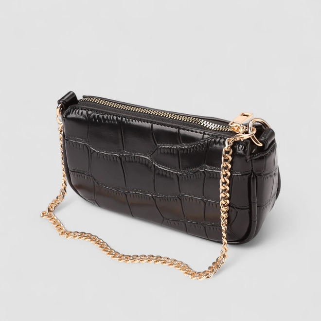 Bolsa Baguete Gabriela Pequena Alça Corrente Textura Croco Preto