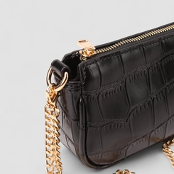 Bolsa Baguete Gabriela Pequena Alça Corrente Textura Croco Preto