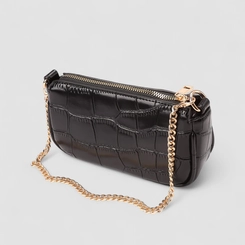 Bolsa Baguete Gabriela Pequena Alça Corrente Textura Croco Preto