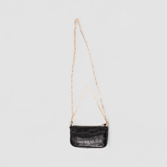 Bolsa Baguete Gabriela Pequena Alça Corrente Textura Croco Preto