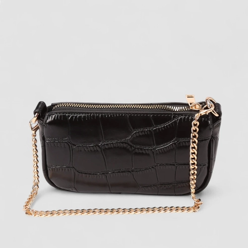 Bolsa Baguete Gabriela Pequena Alça Corrente Textura Croco Preto